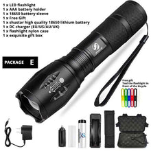 Load image into Gallery viewer, Led flashlight Ultra Bright torch T6/L2/V6 Camping light 5 switch Modes 10000 LM Zoomable Bicycle Light  use 18650 battery
